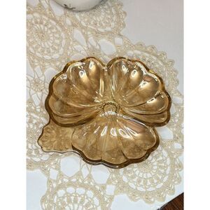 Vintage Carnival Amber Peach Luster Glass 3-Leaf Clover Nut‎ Trinket Dish